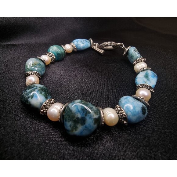 Handcrafted Blue Jasper & Pearl Beaded Bracelet With Heart Toggle Clasp - Picture 5 of 6